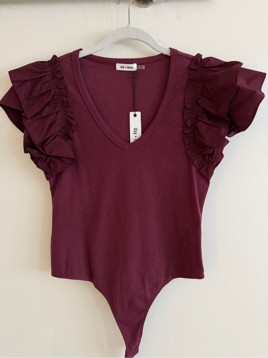 Day + Moon Tops - Day + Moon Burgundy Ruffle Sleeve V-Neck Bodysuit
